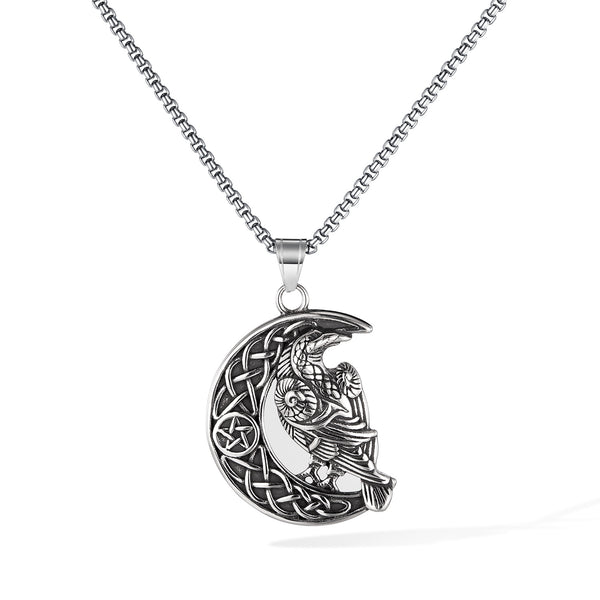 Celtic Crow Moon Pendant Necklace for Men – Titanium Stainless Steel Raven Necklace with Pentagram and Knotwork – Norse Viking Bird Amulet Jewelry-Men's Pendant Necklace-SunnyHouse Jewelry