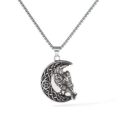 Celtic Crow Moon Pendant Necklace for Men – Titanium Stainless Steel Raven Necklace with Pentagram and Knotwork – Norse Viking Bird Amulet Jewelry-Men's Pendant Necklace-SunnyHouse Jewelry