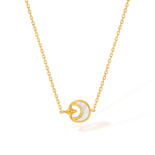 Women’s Titanium Stainless Steel Moon and Star Pendant Necklace – Gold Plated Celestial Design with Mother of Pearl Inlay – Dainty Hypoallergenic Jewelry-Women's Necklace-SunnyHouse Jewelry