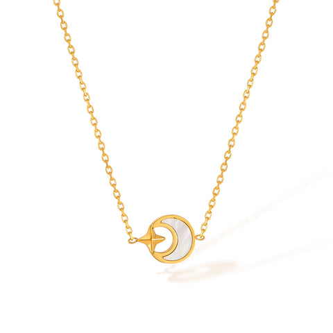Women’s Titanium Stainless Steel Moon and Star Pendant Necklace – Gold Plated Celestial Design with Mother of Pearl Inlay – Dainty Hypoallergenic Jewelry-Women's Necklace-SunnyHouse Jewelry