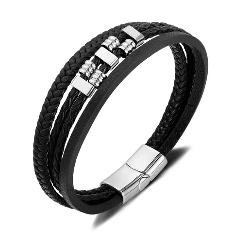 Men’s Titanium Stainless Steel Leather Bracelet – Multi-Strand Black Braided and Flat Leather Band – Magnetic Clasp Wristband for Men – Durable & Stylish Gift-Men's Bracelet-SunnyHouse Jewelry