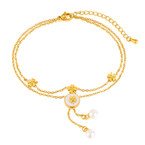 Women's Titanium Stainless Steel Anklet with Lucky Clover Charms and Pearl Pendants, Gold Plated Adjustable Double Layer Chain Foot Bracelet-Women's Anklet-SunnyHouse Jewelry