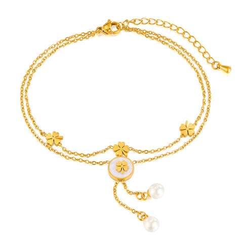 Women's Titanium Stainless Steel Anklet with Lucky Clover Charms and Pearl Pendants, Gold Plated Adjustable Double Layer Chain Foot Bracelet-Women's Anklet-SunnyHouse Jewelry