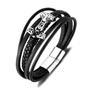 Men’s Viking Thor's Hammer Bracelet – Titanium Stainless Steel & Black Leather Braided Wrap Bracelet – Norse Mythology Jewelry for Men-Men's Bracelet-SunnyHouse Jewelry