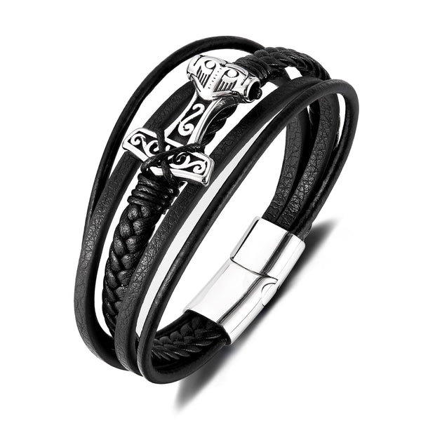 Men’s Viking Thor's Hammer Bracelet – Titanium Stainless Steel & Black Leather Braided Wrap Bracelet – Norse Mythology Jewelry for Men-Men's Bracelet-SunnyHouse Jewelry