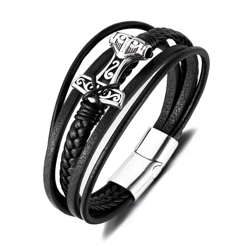 Men’s Viking Thor's Hammer Bracelet – Titanium Stainless Steel & Black Leather Braided Wrap Bracelet – Norse Mythology Jewelry for Men-Men's Bracelet-SunnyHouse Jewelry