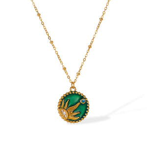 Women's Titanium Stainless Steel Sun and Moon Pendant Necklace with Green Enamel and Cubic Zirconia – Gold-Plated Chain – Hypoallergenic & Tarnish Resistant-Women's Necklace-SunnyHouse Jewelry