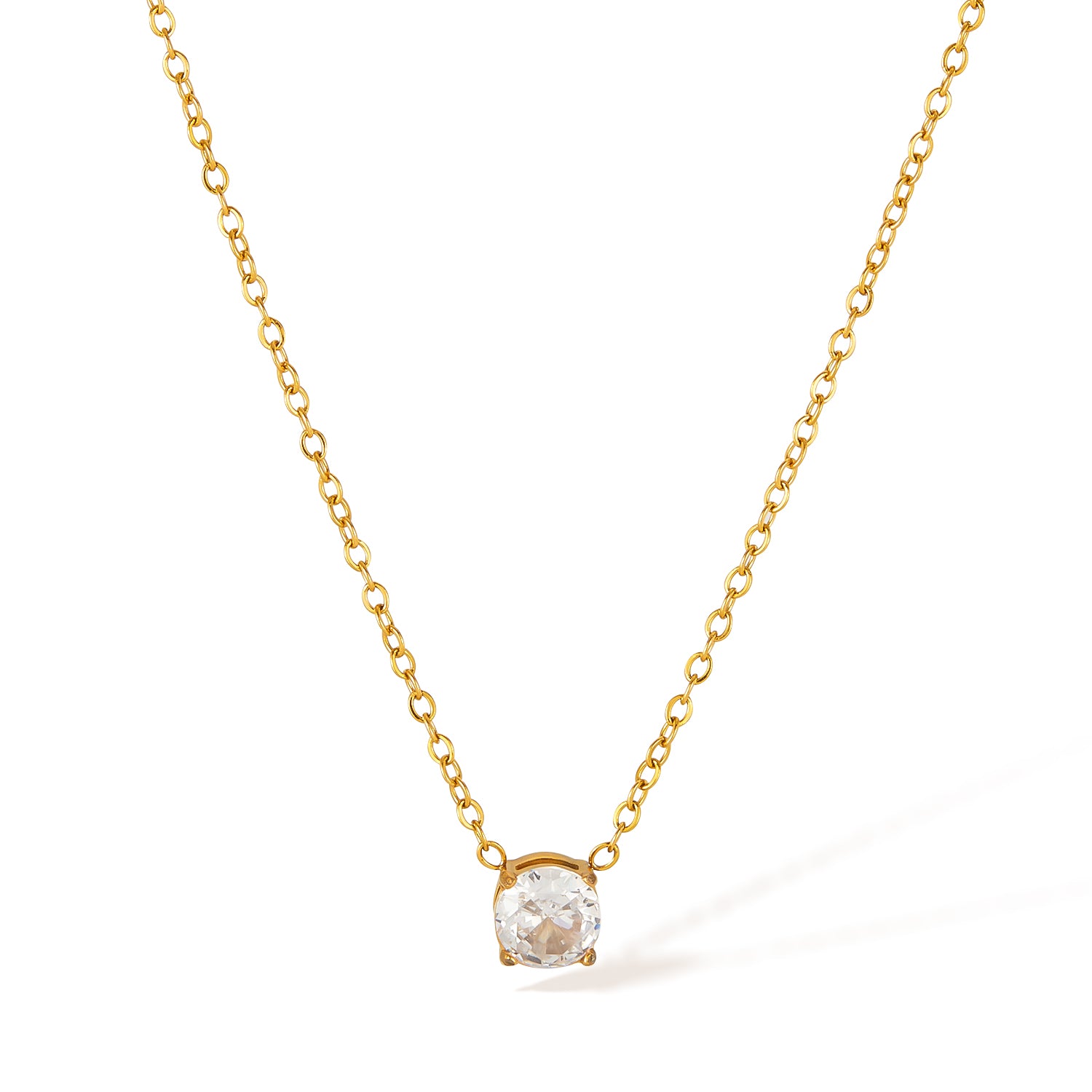 Classic Solitaire Crystal Pendant Necklace in Titanium Stainless Steel with Gold-Tone Finish-Women's Necklace-SunnyHouse Jewelry