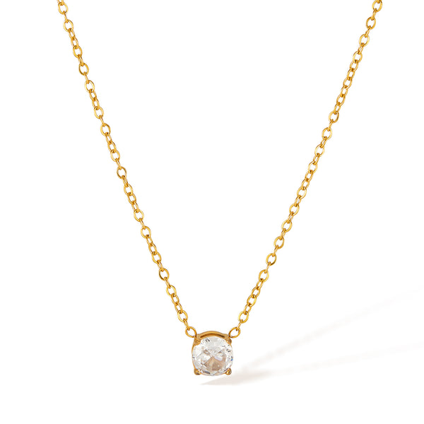 Classic Solitaire Crystal Pendant Necklace in Titanium Stainless Steel with Gold-Tone Finish-Women's Necklace-SunnyHouse Jewelry