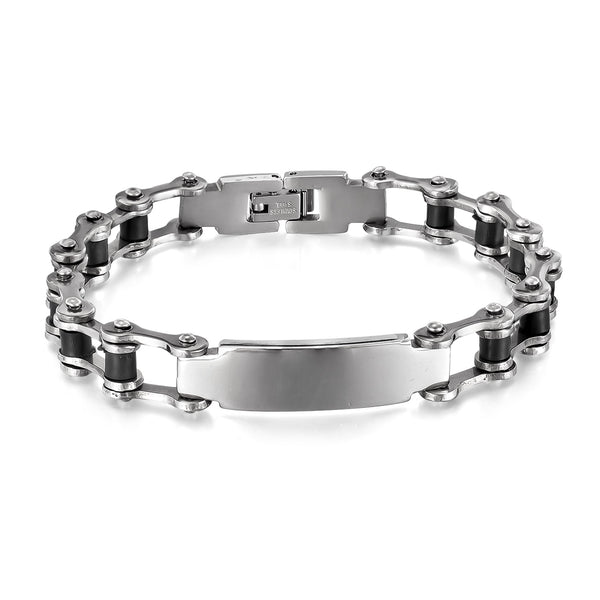 Men’s Motorcycle Chain Bracelet – Heavy Duty Biker Style ID Bracelet for Men – Durable, Scratch-Resistant, Polished Black & Silver Finish-Men's Bracelet-SunnyHouse Jewelry