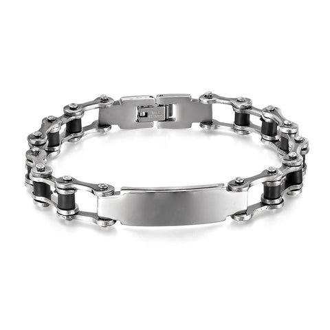 Men’s Motorcycle Chain Bracelet – Heavy Duty Biker Style ID Bracelet for Men – Durable, Scratch-Resistant, Polished Black & Silver Finish-Men's Bracelet-SunnyHouse Jewelry