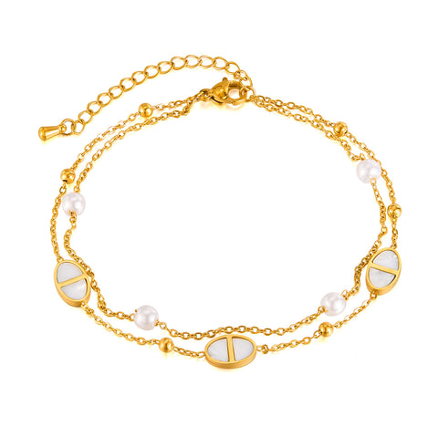 Elegant Women’s Titanium Stainless Steel Anklet – Double Layer Gold Chain with White Shell Inlay and Faux Pearls – Hypoallergenic & Tarnish-Resistant Jewelry for Daily Wear-Women's Anklet-SunnyHouse Jewelry
