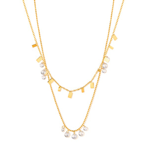 Women’s Layered Pendant Necklace – Gold Plated Titanium Stainless Steel with Crystal Charms and Bar Accents – Dainty Hypoallergenic Double Chain Jewelry-Women's Necklace-SunnyHouse Jewelry
