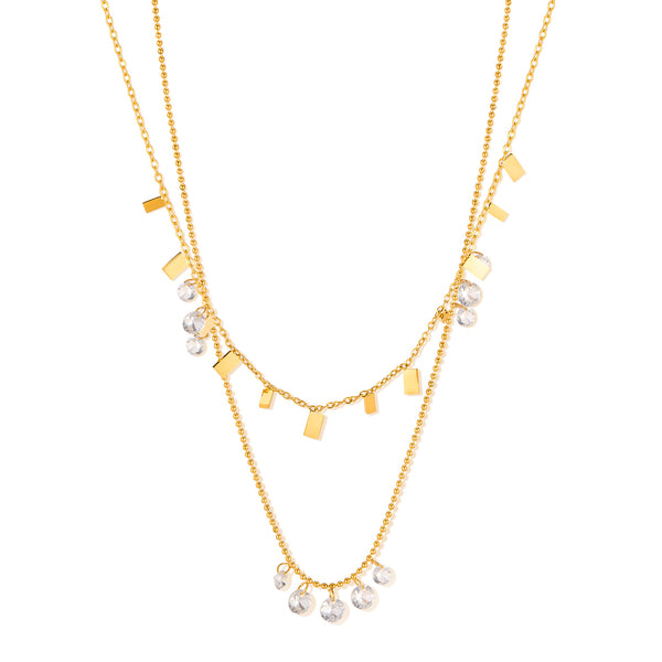 Women’s Layered Pendant Necklace – Gold Plated Titanium Stainless Steel with Crystal Charms and Bar Accents – Dainty Hypoallergenic Double Chain Jewelry-Women's Necklace-SunnyHouse Jewelry