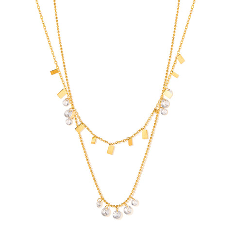 Women’s Layered Pendant Necklace – Gold Plated Titanium Stainless Steel with Crystal Charms and Bar Accents – Dainty Hypoallergenic Double Chain Jewelry-Women's Necklace-SunnyHouse Jewelry
