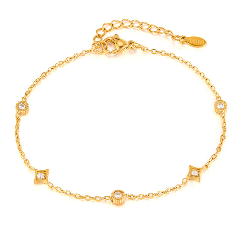 18K Gold‑Plated Titanium Stainless Steel Station Bracelet for Women – Adjustable Dainty Round & Square Cubic Zirconia Charms, Hypoallergenic & Tarnish‑Resistant Jewelry Gift-Women's Bangle-SunnyHouse Jewelry