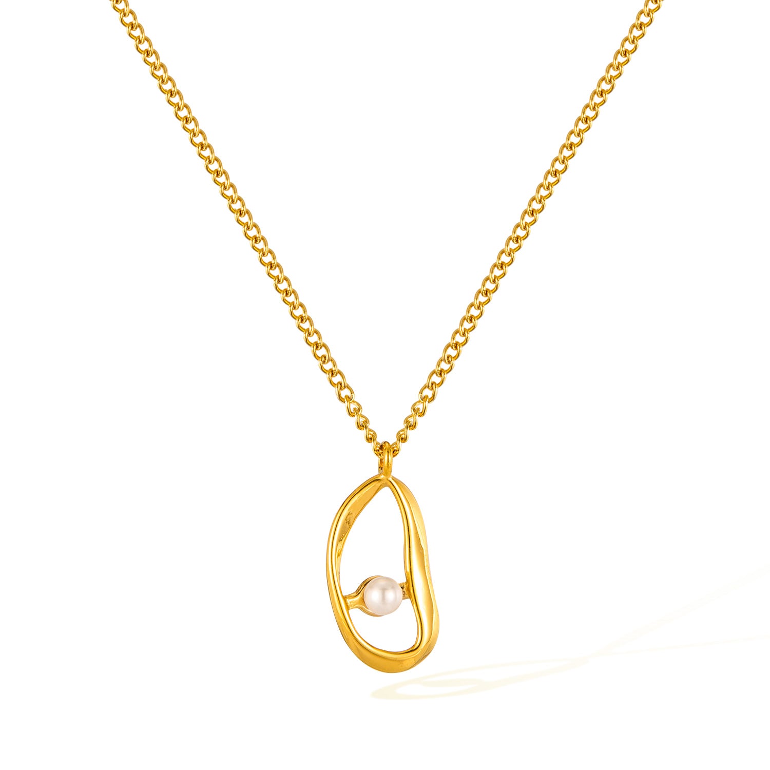 Women’s Titanium Stainless Steel Pearl Pendant Necklace – Gold-Plated Abstract Oval Charm, Hypoallergenic Modern Jewelry for Everyday & Special Occasions-Women's Necklace-SunnyHouse Jewelry