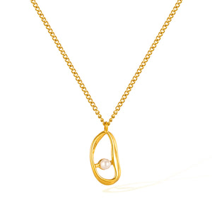 Women’s Titanium Stainless Steel Pearl Pendant Necklace – Gold-Plated Abstract Oval Charm, Hypoallergenic Modern Jewelry for Everyday & Special Occasions-Women's Necklace-SunnyHouse Jewelry