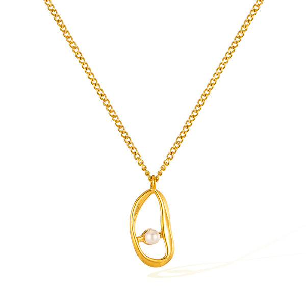 Women’s Titanium Stainless Steel Pearl Pendant Necklace – Gold-Plated Abstract Oval Charm, Hypoallergenic Modern Jewelry for Everyday & Special Occasions-Women's Necklace-SunnyHouse Jewelry