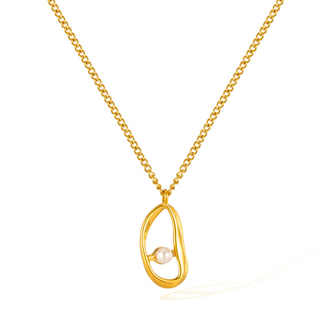 Women’s Titanium Stainless Steel Pearl Pendant Necklace – Gold-Plated Abstract Oval Charm, Hypoallergenic Modern Jewelry for Everyday & Special Occasions-Women's Necklace-SunnyHouse Jewelry