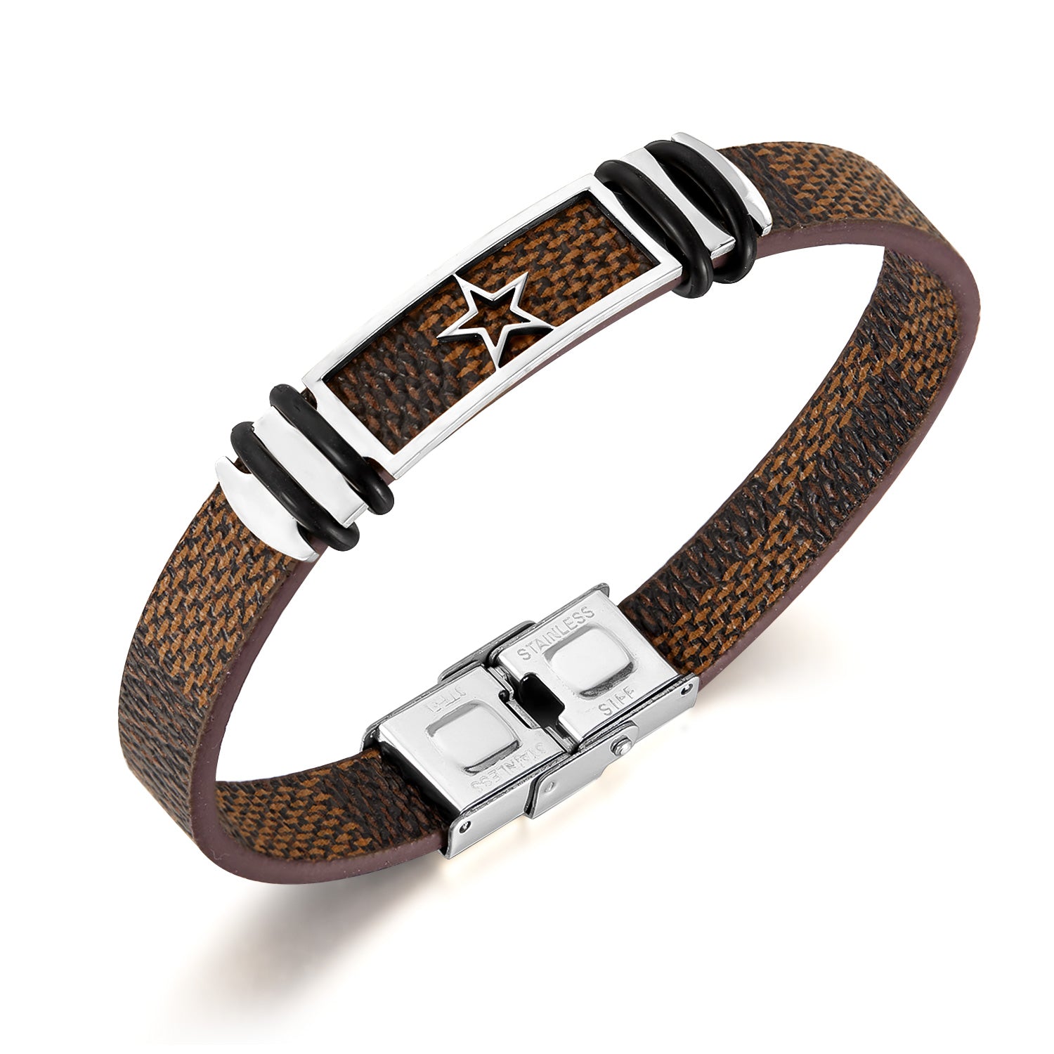 Men's Titanium Stainless Steel Bracelet with Textured Leather and Star Motif - Durable and Stylish Accessory-Men's Bracelet-SunnyHouse Jewelry