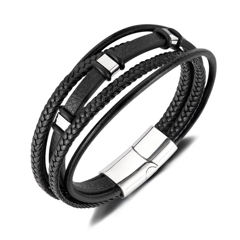 Men’s Multi-Strand Leather Bracelet – Titanium Stainless Steel Magnetic Clasp – Black Braided and Smooth Leather Wrap Bracelet for Men-Men's Bracelet-SunnyHouse Jewelry
