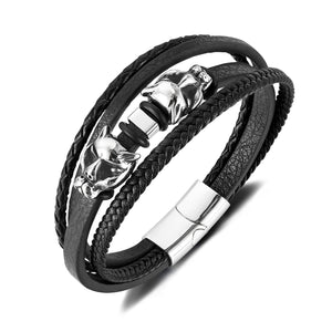 Men’s Wolf Head Bracelet – Titanium Stainless Steel & Black Braided Leather Wrap Bracelet – Norse Viking-Inspired Jewelry for Men-Men's Bracelet-SunnyHouse Jewelry
