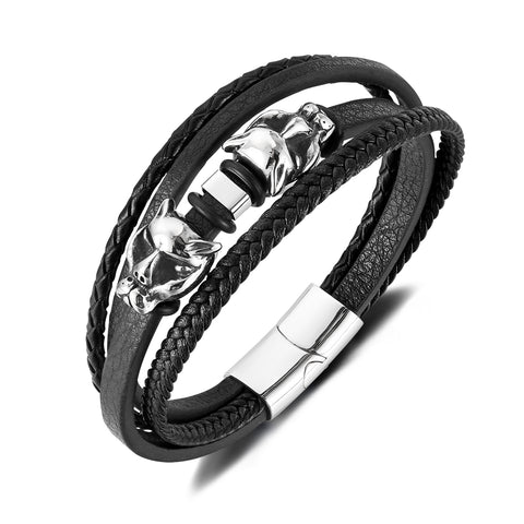 Men’s Wolf Head Bracelet – Titanium Stainless Steel & Black Braided Leather Wrap Bracelet – Norse Viking-Inspired Jewelry for Men-Men's Bracelet-SunnyHouse Jewelry