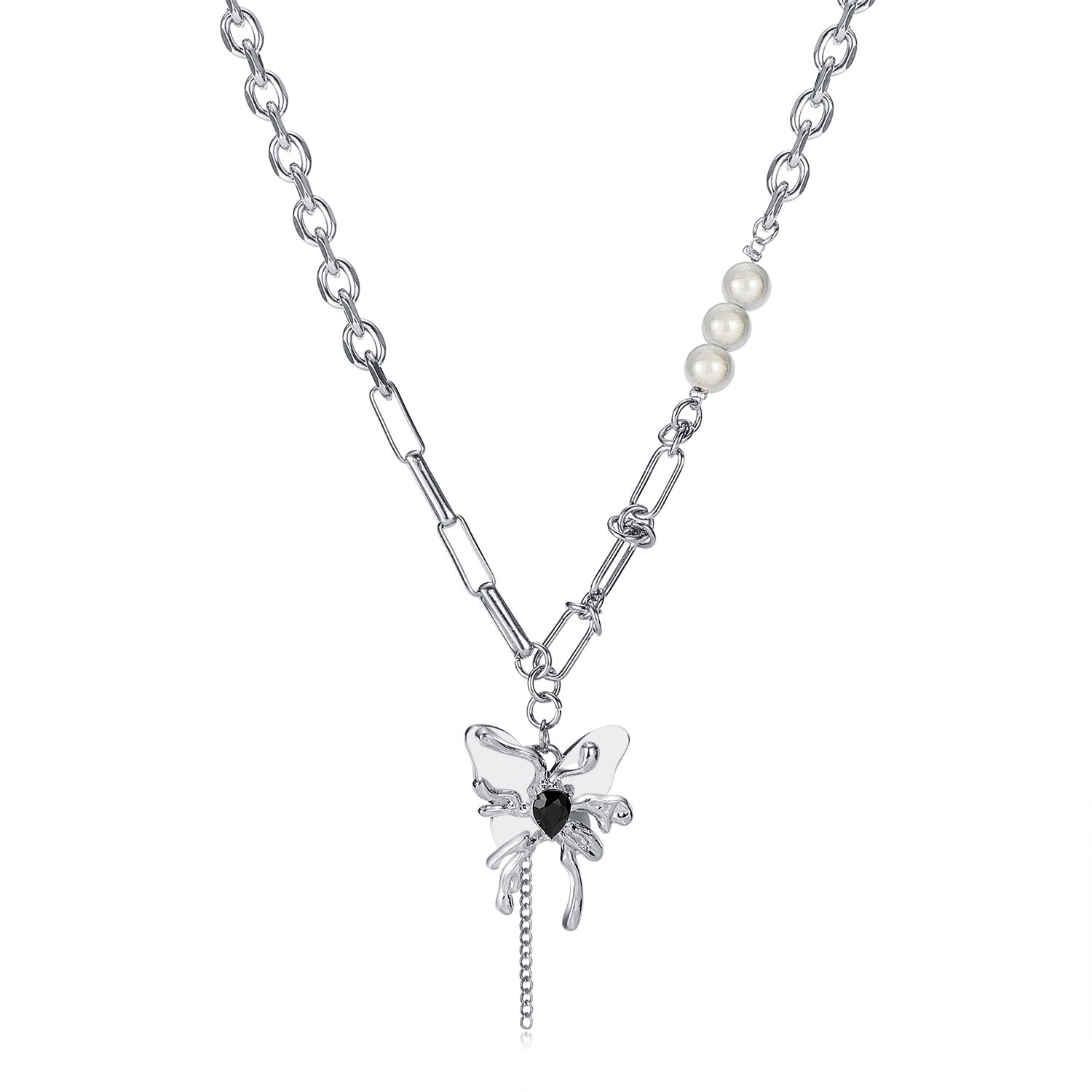 Women’s Butterfly Pendant Necklace with Pearls – Silver Chain Jewelry with Black Heart Crystal, Gothic Punk Style-Women's Necklace-SunnyHouse Jewelry