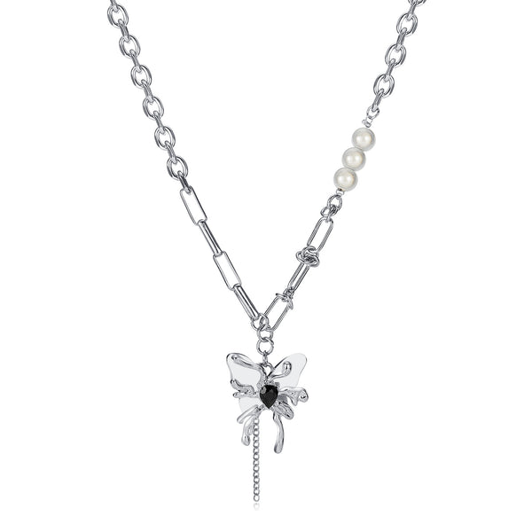 Women’s Butterfly Pendant Necklace with Pearls – Silver Chain Jewelry with Black Heart Crystal, Gothic Punk Style-Women's Necklace-SunnyHouse Jewelry