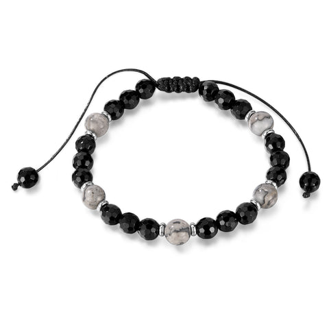 Men’s Beaded Bracelet – Adjustable Black Faceted Beads with Green Natural Stone Accents – Handmade Braided Cord, Stylish and Comfortable Jewelry for Men-Men's Bracelet-SunnyHouse Jewelry