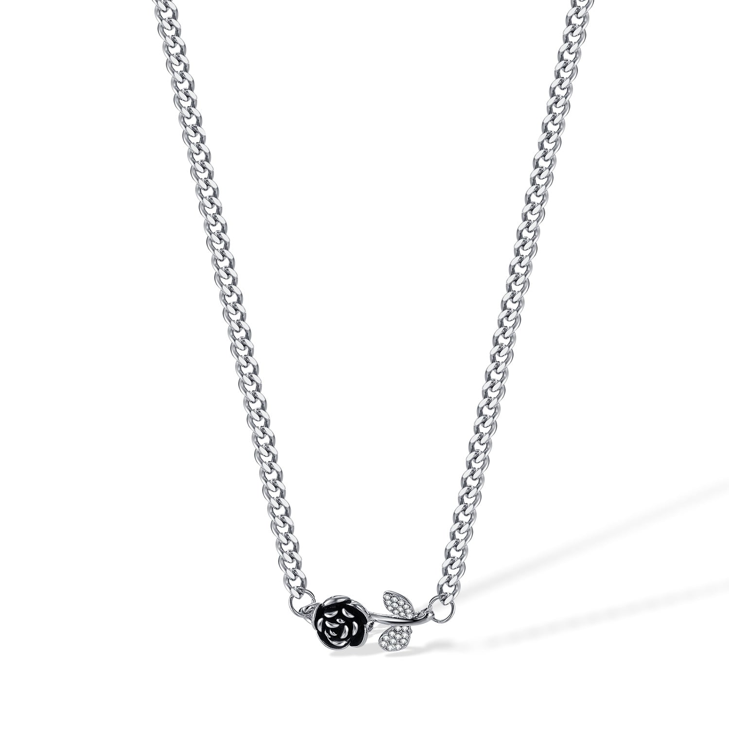 Women’s Lucky Rose Pendant Necklace – Silver Chain with Black Rose and Crystal Leaves, Elegant Durable Fashion Jewelry for Women-Women's Necklace-SunnyHouse Jewelry