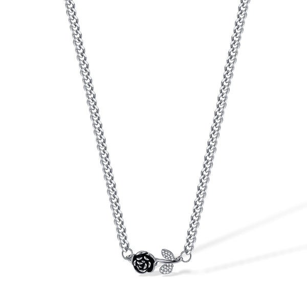 Women’s Lucky Rose Pendant Necklace – Silver Chain with Black Rose and Crystal Leaves, Elegant Durable Fashion Jewelry for Women-Women's Necklace-SunnyHouse Jewelry