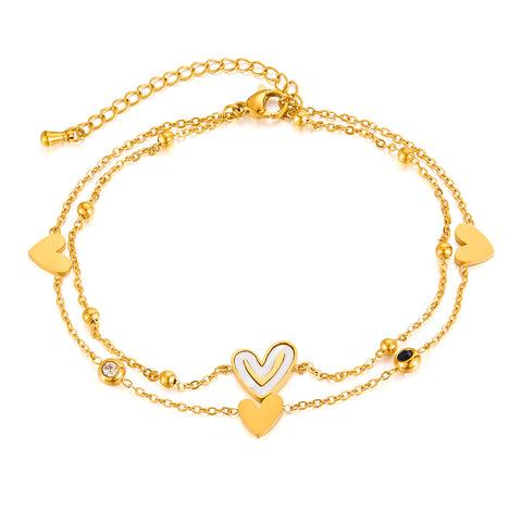 Women’s Gold Titanium Stainless Steel Double Layer Heart Anklet – Adjustable Dainty Chain Ankle Bracelet with Enamel & Cubic Zirconia Charms-Women's Anklet-SunnyHouse Jewelry