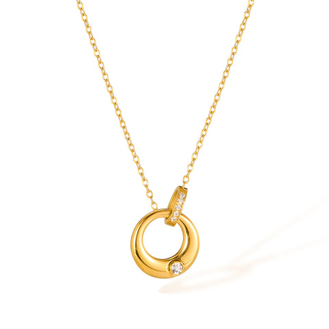 Women’s Titanium Stainless Steel Circle Pendant Necklace – Gold Plated with Cubic Zirconia – Elegant Round Charm Necklace – Hypoallergenic & Tarnish Resistant Jewelry-Women's Necklace-SunnyHouse Jewelry