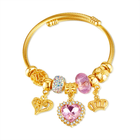 Gold Charm Bracelet for Women with Pink Heart and Crown Charms - Elegant and Stylish Jewelry for Any Occasion-Women's Bangle-SunnyHouse Jewelry