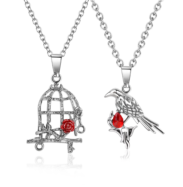 Couple Matching Bird & Cage Pendant Necklaces – Matching His & Hers Love Necklaces with Red Crystal Rose, Romantic Jewelry for Anniversary, Valentine’s Day, Birthday Gift-Couple Pendant Necklace-SunnyHouse Jewelry
