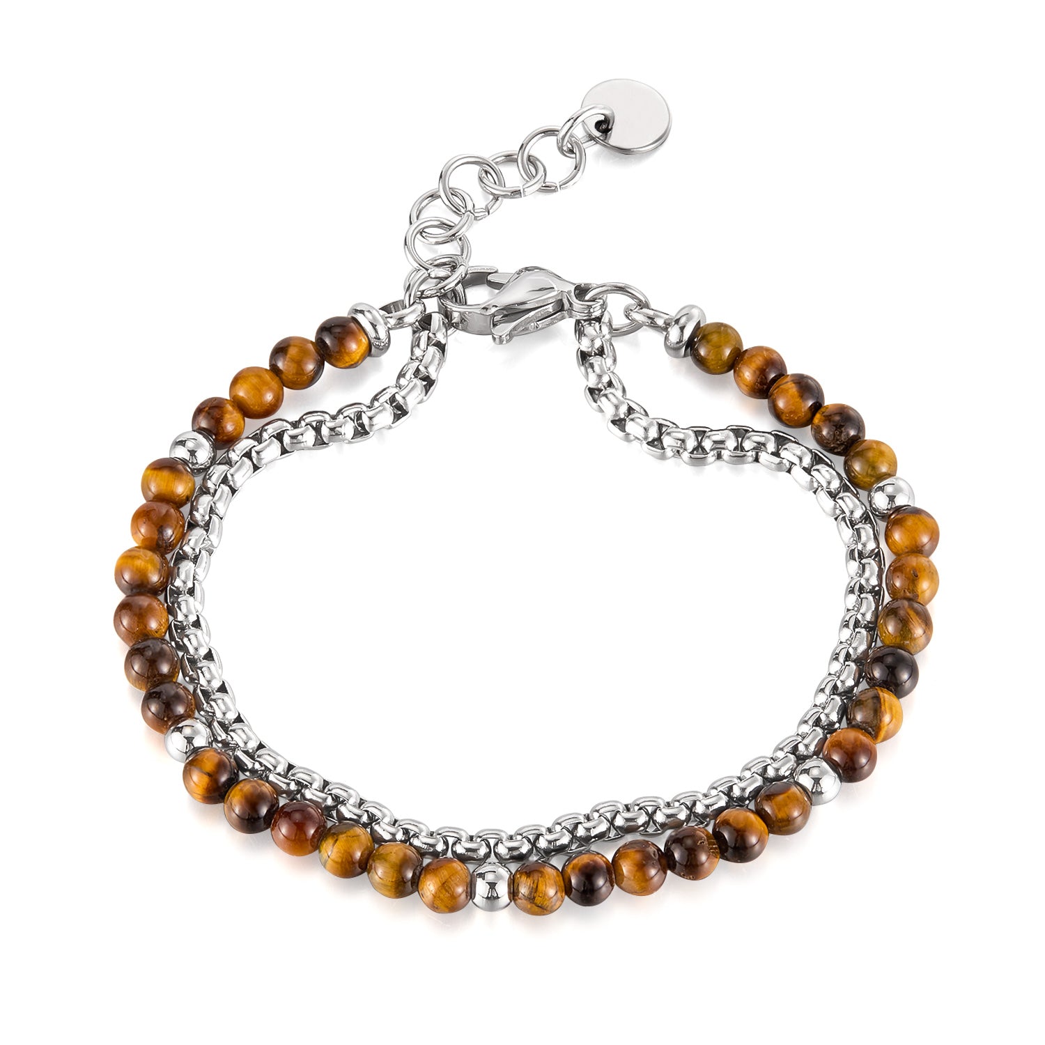 Titanium Stainless Steel & Tiger‑Eye Bead Double‑Chain Bracelet for Women – Adjustable 6.5″‑8.5″ Layered Hypoallergenic & Tarnish‑Resistant Jewelry Gift-Women's Bangle-SunnyHouse Jewelry