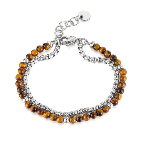 Titanium Stainless Steel & Tiger‑Eye Bead Double‑Chain Bracelet for Women – Adjustable 6.5″‑8.5″ Layered Hypoallergenic & Tarnish‑Resistant Jewelry Gift-Women's Bangle-SunnyHouse Jewelry