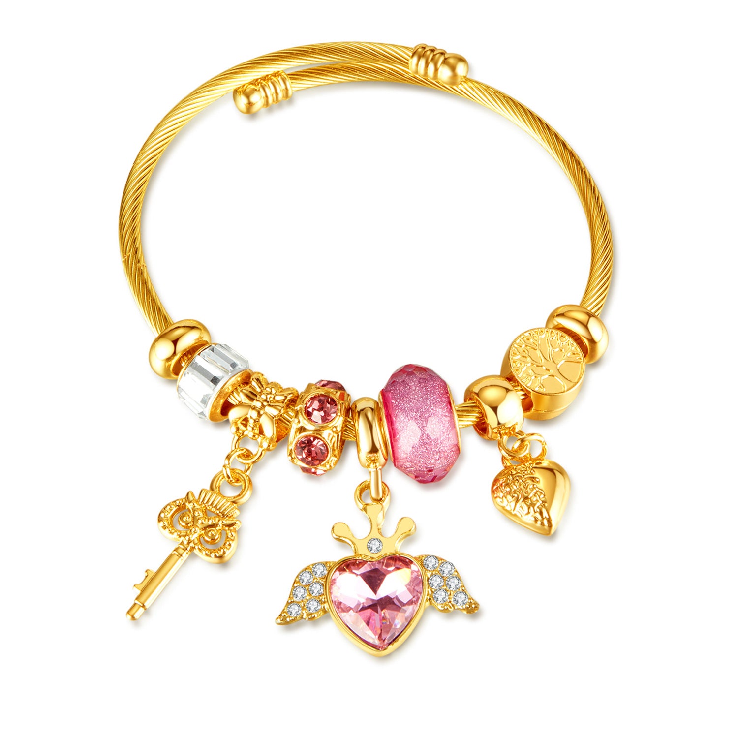 Gold Charm Bracelet for Women with Pink Heart and Key Charms - Elegant and Stylish Jewelry for Any Occasion-Women's Bangle-SunnyHouse Jewelry