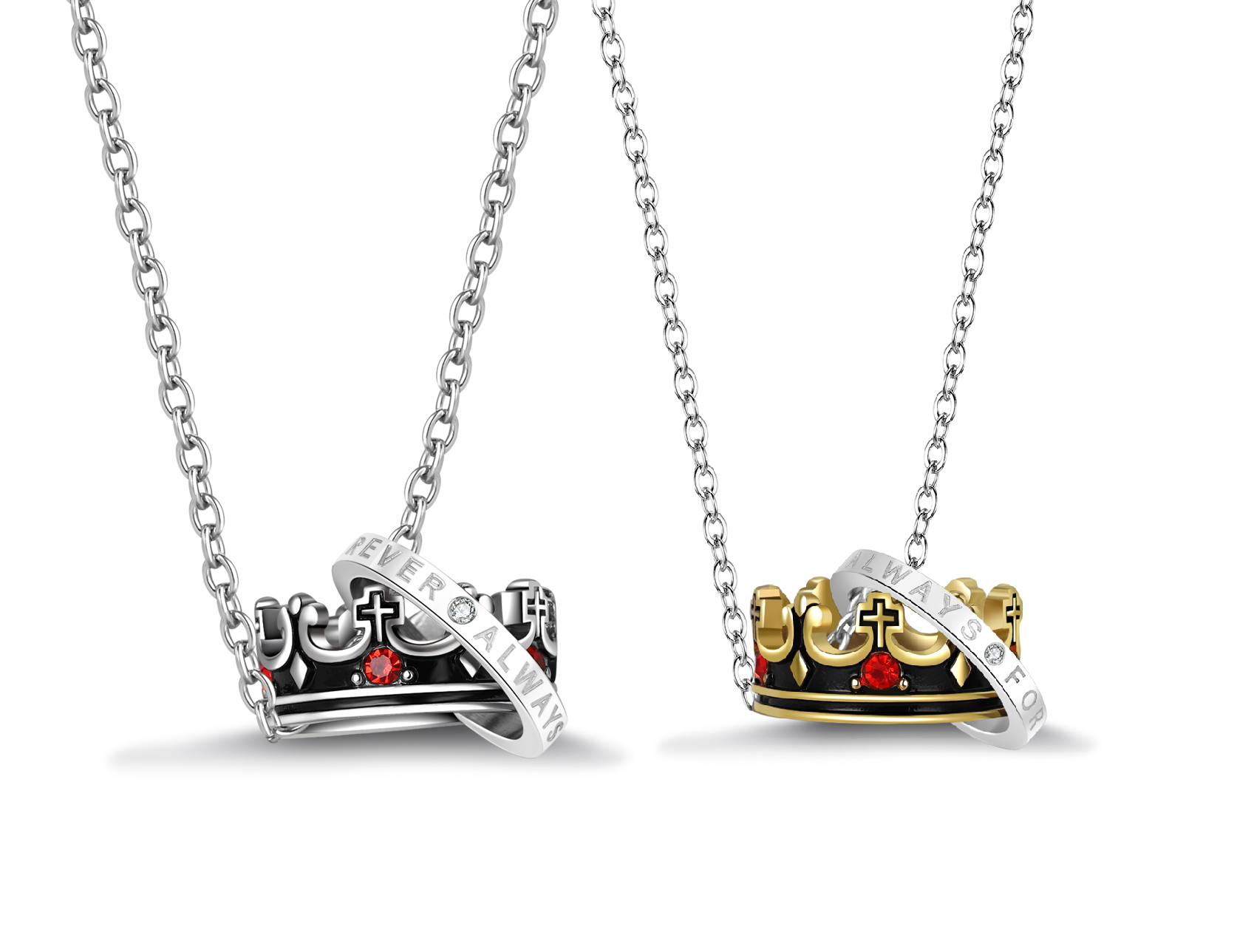 Couple Titanium Stainless Steel Crown Pendant Necklaces – Matching His & Hers King Queen Necklaces with Engraved Rings, Romantic Couple Jewelry for Anniversary, Valentine’s Day, Birthday Gift-Couple Pendant Necklace-SunnyHouse Jewelry