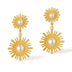 Women’s Gold Sunburst Pearl Drop Earrings – Elegant Double Sun Statement Earrings with Simulated Pearl, Fashion Jewelry for Women and Girls-Women's Earrings-SunnyHouse Jewelry