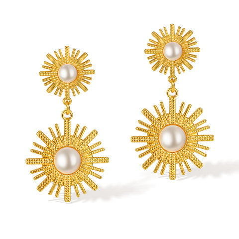 Women’s Gold Sunburst Pearl Drop Earrings – Elegant Double Sun Statement Earrings with Simulated Pearl, Fashion Jewelry for Women and Girls-Women's Earrings-SunnyHouse Jewelry