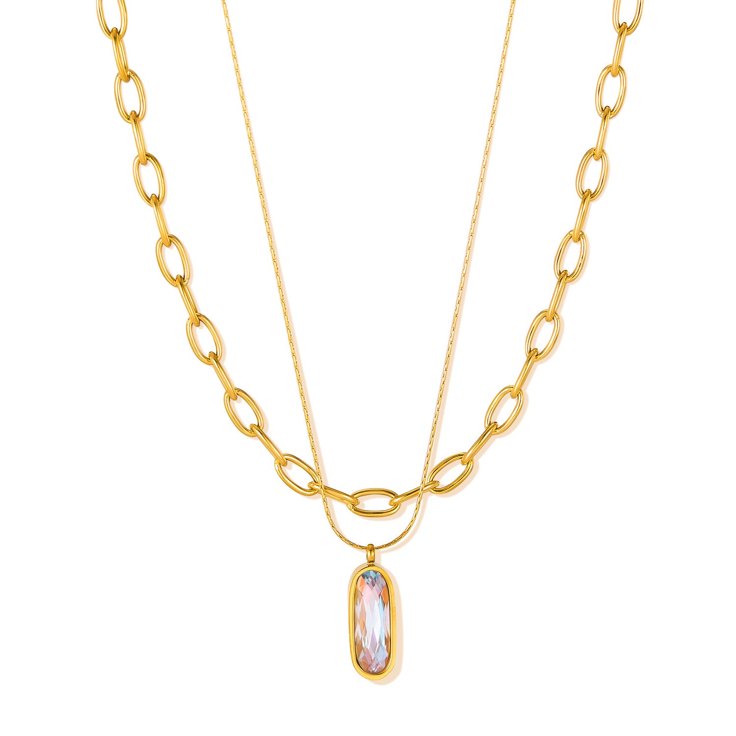 Women’s Layered Pendant Necklace – Gold Plated Titanium Stainless Steel – Double Chain Design with Iridescent Crystal Charm – Elegant Hypoallergenic Jewelry-Women's Necklace-SunnyHouse Jewelry