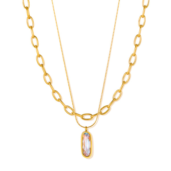 Women’s Layered Pendant Necklace – Gold Plated Titanium Stainless Steel – Double Chain Design with Iridescent Crystal Charm – Elegant Hypoallergenic Jewelry-Women's Necklace-SunnyHouse Jewelry