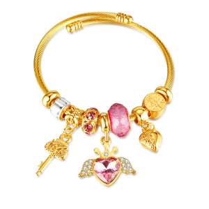 Gold Charm Bracelet for Women with Pink Heart and Key Charms - Elegant and Stylish Jewelry for Any Occasion-Women's Bangle-SunnyHouse Jewelry