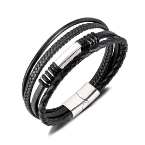 Men’s Multi-Layer Leather Bracelet with Titanium Stainless Steel Clasp – Braided & Smooth Black Bands, Magnetic Closure, Stylish Cuff Jewelry for Men-Men's Bracelet-SunnyHouse Jewelry