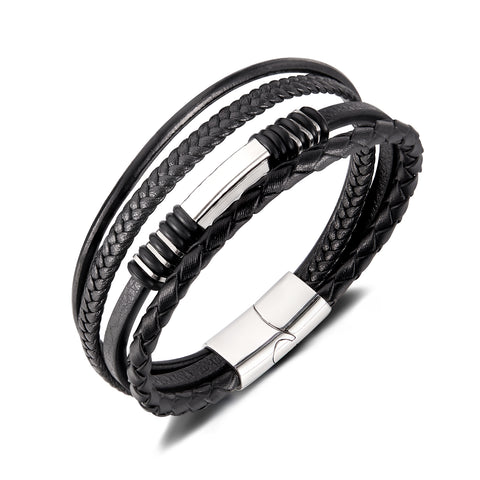 Men’s Multi-Layer Leather Bracelet with Titanium Stainless Steel Clasp – Braided & Smooth Black Bands, Magnetic Closure, Stylish Cuff Jewelry for Men-Men's Bracelet-SunnyHouse Jewelry