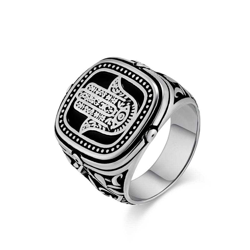 Men's Hamsa Hand Ring - Vintage Black Engraved Signet Ring for Protection and Style-Men's Ring-SunnyHouse Jewelry