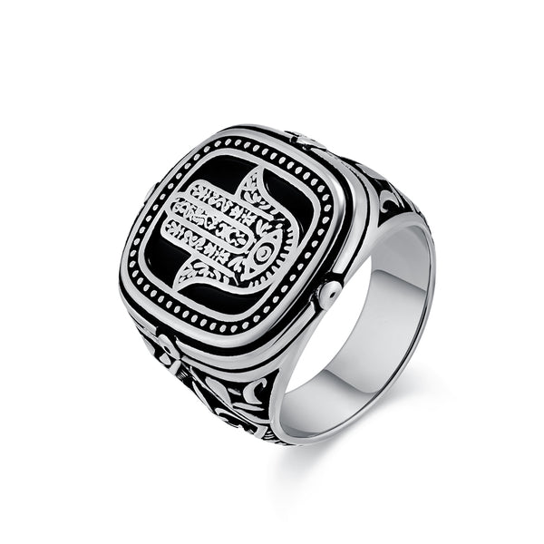 Men's Hamsa Hand Ring - Vintage Black Engraved Signet Ring for Protection and Style-Men's Ring-SunnyHouse Jewelry